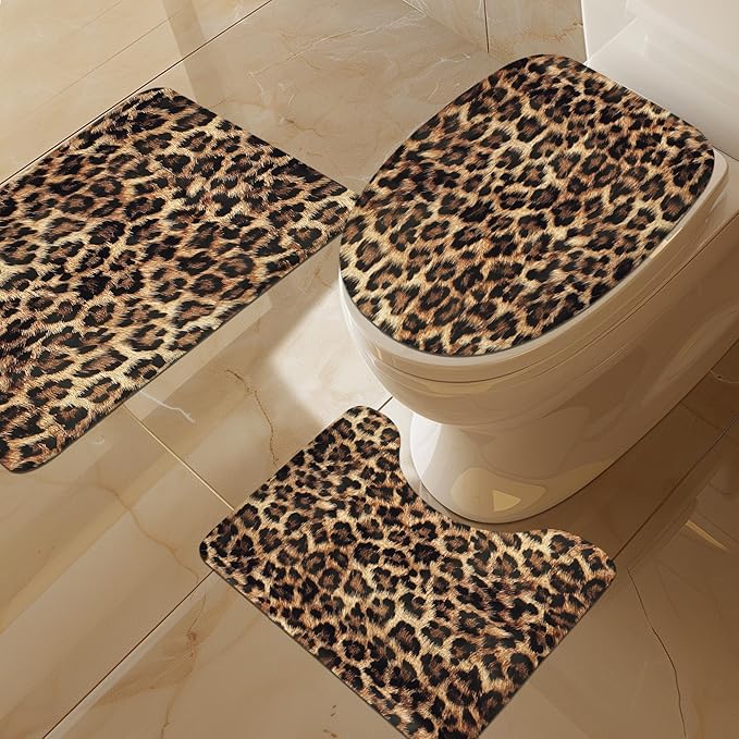 LIGHTINHOME 4 PCS Leopard Print Shower Curtain Set 72Wx72H,Toilet Lid Cover,Non-Slip Rugs and U-Shaped Mat,Wild Safari Cheetah Bathroom Sets with Rugs Shower Accessories 12 Hooks for Bathroom Decor