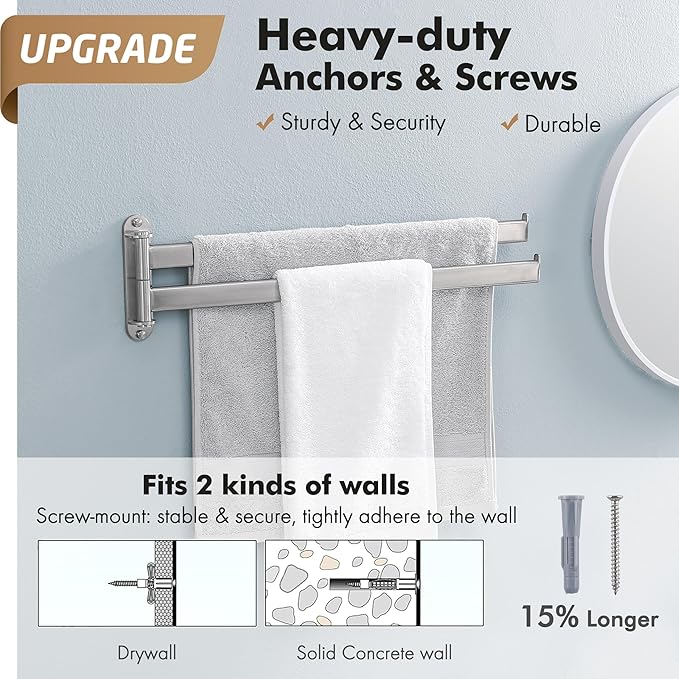 KES 19.5-Inch Bathroom Towel Rack, Swivel Towel Rack 2-Arm, Swing Out Double Towel Bar Wall Mounted, SUS304 Stainless Steel Brushed Finish, A2104S2L50-2