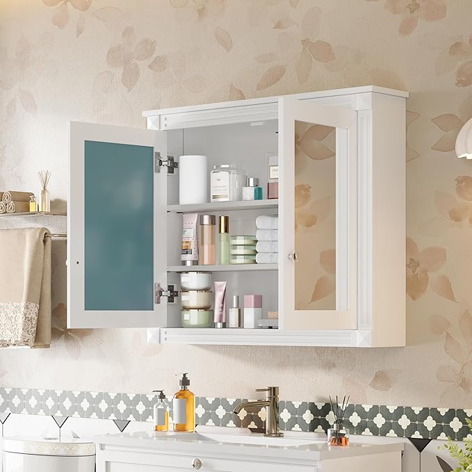 Merax Bathroom Medicine Cabinet with Mirror Door & Adjustable Shelves, 36" x 28" Wall Mounted Bathroom Storage Cabinet with Mirror, Over The Toilet
