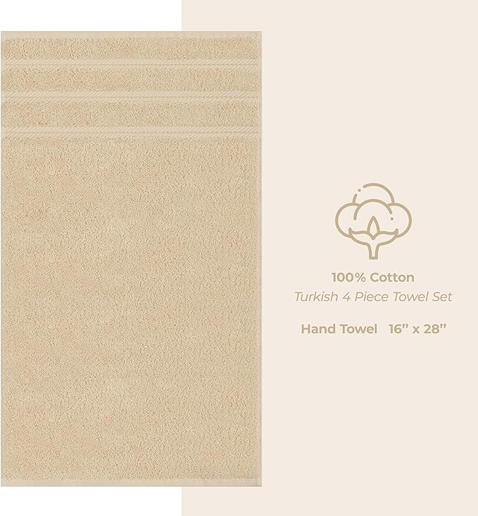 American Soft Linen Luxury Hand Towels for Bathroom, 600 GSM Heawy Weight 16x28 Size 100% Cotton Turkish 4 Piece Hand Face Towel Set, Beige Hand Towels