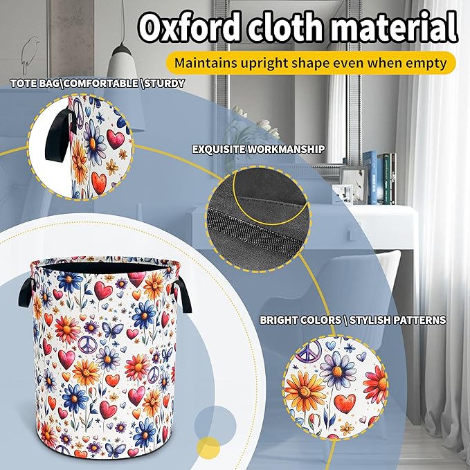 Peace Flowers Laundry Basket Hippie Floral Foldable Waterproof Oxford Cloth Funny Tote Bag Laundry Hamper Clothes Storage Bucket Toy Organizer For Bathroom/Laundry Storage/Bedroom 18.9x16.5 Inch