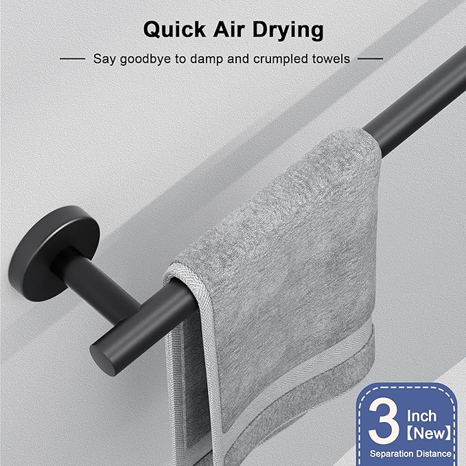 Matte Black Towel Bar, 24 Inch Towel Racks for Bathroom Wall Mounted, SUS304 Stainless Steel Bathroom Towel Holder, Total Length 26.4 Inch Towel Bars