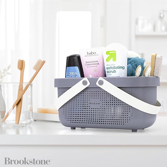 Brookstone Modern Large Portable Shower Caddy with Soft Silicone Carrying Handle, Bathroom Organizer Basket, Plastic Bath Tote and Shower Organizer, Quick Dry Drainage Holes, BPA Free, Grey