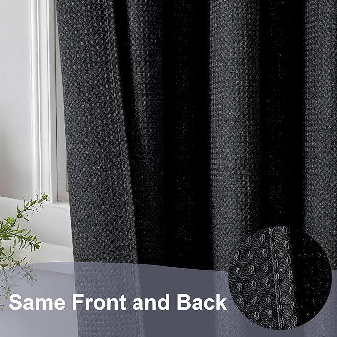 OWENIE Black Shower Curtain 84 Inches Extra Long, Waffle Weave Heavy Fabric Shower Curtain for Bathroom, Waterproof Soft Hotel Spa Luxury Elegant Bath Curtains, Machine Washable, Black, 72x84 Inch