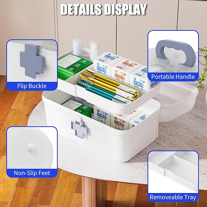 2-Pack Medicine Storage Box, Small & Large Portable Medicine Cabinet Organizer with Trays, Plastic First Aid Box Empty for Family, Medical Supply Organizer, Adult & Child Medication Separation
