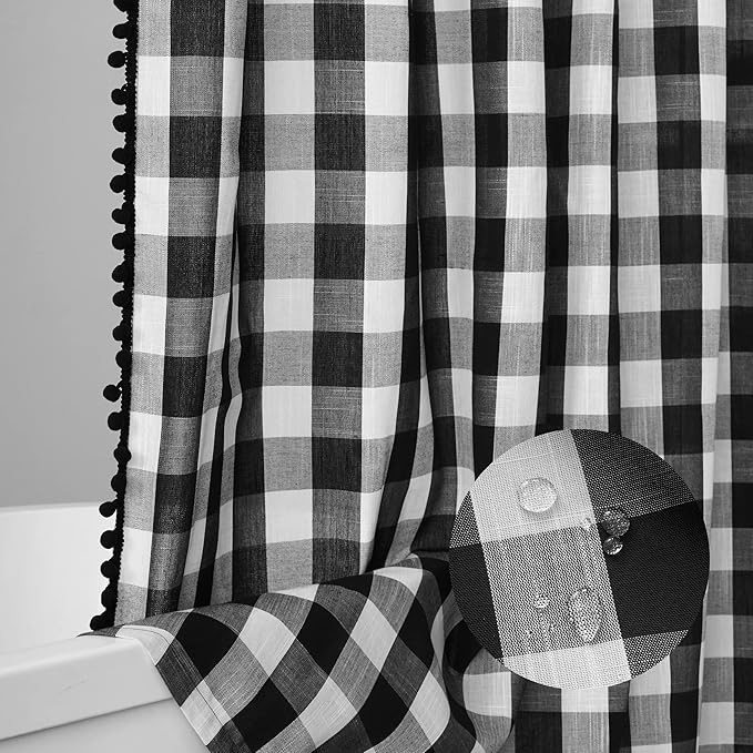 VOILYBIRD Black and White Shower Curtain Linen Texture Buffalo Plaid Farmhouse and Boho Mix with Pompoms 36"x72"