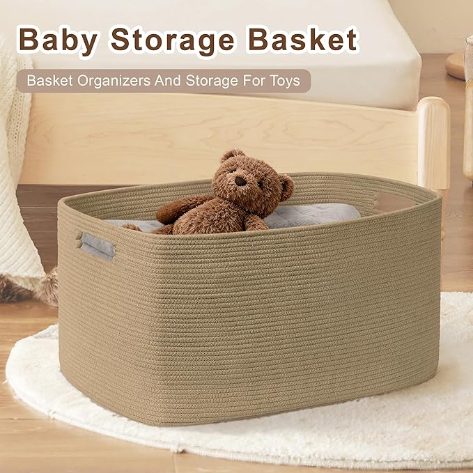 100L Extra Large Wicker Laundry Basket for Living Room Storage,Boho Woven Cotton Rope Baskets for Kids Toy,Gifts,Square Blanket Hamper for Bedroom Dirty Clothes,Jute