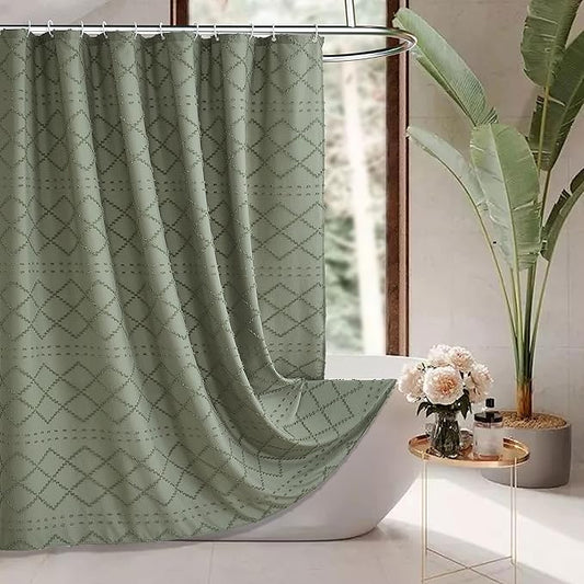 Extra Long Sage Green Boho Shower Curtain Woven Fabric Cute Shower Curtain, 72 x 78 Tufted Chevron Textured Striped Modern Farmhouse Minimalist Cloth Shower Curtains for Bathroom