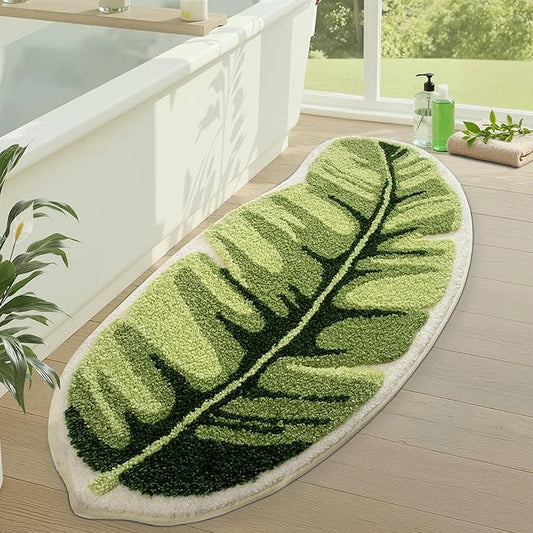 LUMI Cute Bathroom Rugs with Green Leaf Plant, Soft, Fluffy, Plush, Absorbent, Quick Dry, Non Slip, Machine Washable for Shower Floor, Bathroom, Bedroom,Kids Room, 19.5"x39.5", Palm Leaf