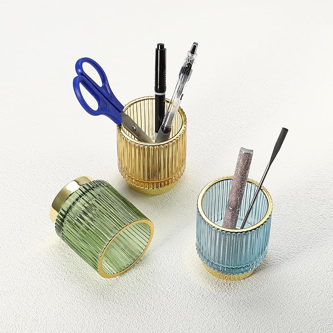 VOCOSTE Makeup Brush Holder Organizer, Glass Makeup Brushes Holder, Cosmetic Brushes Storage Holder, Dresser Striped Vase Make Up Brush Cup Eyeliners for Desktop, Green, S Size