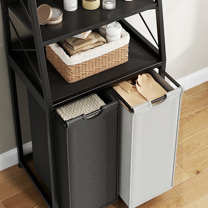 Herture Laundry Basket, 2 Section Laundry Hamper with 4 Tiers Shelf, Pull-Out and Removable Laundry Bags, Large 2 x 15.87 Gallons, for Bedroom Bathroom Black PF11XLK