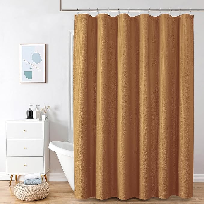 OVZME Gold Shower Curtain, Embossed Textured Fabric Bath Curtain for Bathroom - Soft Cloth Hotel Spa Luxury, Water Repellent, Machine Washable Long Shower Cloth Curtain, 72Wx78L Inches