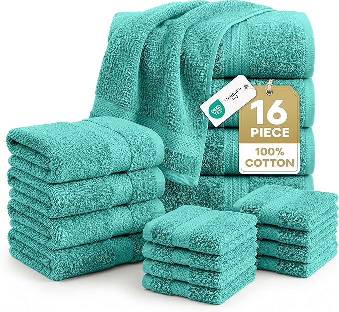 LANE LINEN 100% Cotton Luxury Bathroom Towel Set - 16 Pieces - Ring Spun, Quick Dry, Super Soft & Absorbent - 4 Bath, 8 Washcloths, 4 Hand Towels - Remains Fluffy Even After Multiple Washes - Teal
