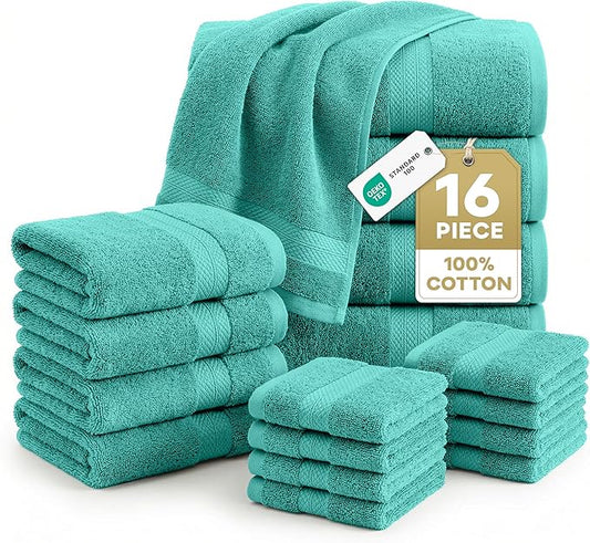 LANE LINEN 100% Cotton Luxury Bathroom Towel Set - 16 Pieces - Ring Spun, Quick Dry, Super Soft & Absorbent - 4 Bath, 8 Washcloths, 4 Hand Towels - Remains Fluffy Even After Multiple Washes - Teal