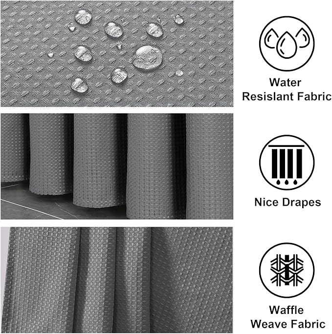 OWENIE Grey Shower Curtain, Stall Small Waffle Weave Heavy Fabric Shower Curtains for Narrow Size Bathroom, Waterproof Soft Hotel Spa Luxury Bath Curtain Set, Machine Washable, Grey, 36x72 Inch