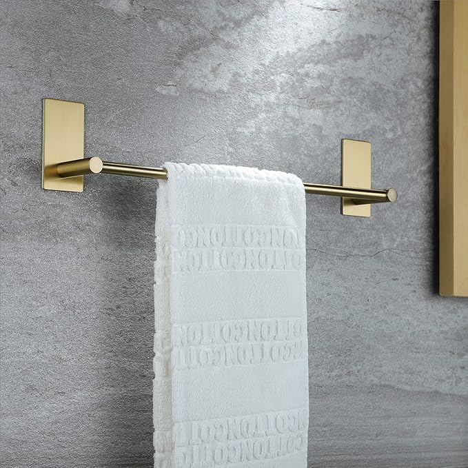Taozun Golden Towel Bar Set- Self Adhesive Towel Holder + 2 Packs Towel Hooks Bathroom Accessories, 16-Inch Towel Rack for Bathroom Stainless Steel Brushed Brass New