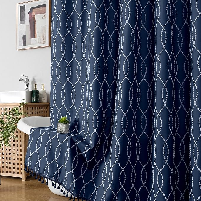 OVZME Navy Blue Shower Curtain for Bathroom, Puff Printed Textured Shower Curtain with Tassels, Rustic Geometry Heavy Duty Vintage Country Bathroom Curtain, Water Resistant Fabric, 72Wx72L Inches