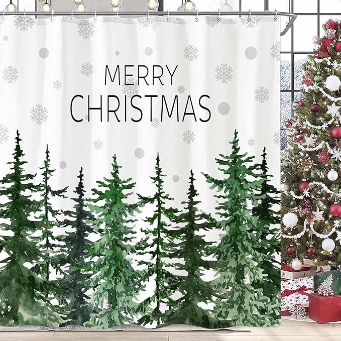 Accnicc Christmas Shower Curtain Winter Snowflake Pine Tree Shower Curtains for Bathroom Green Forest Xmas Trees Waterproof Fabric Bath Curtain Decor 72 X 72 Inch