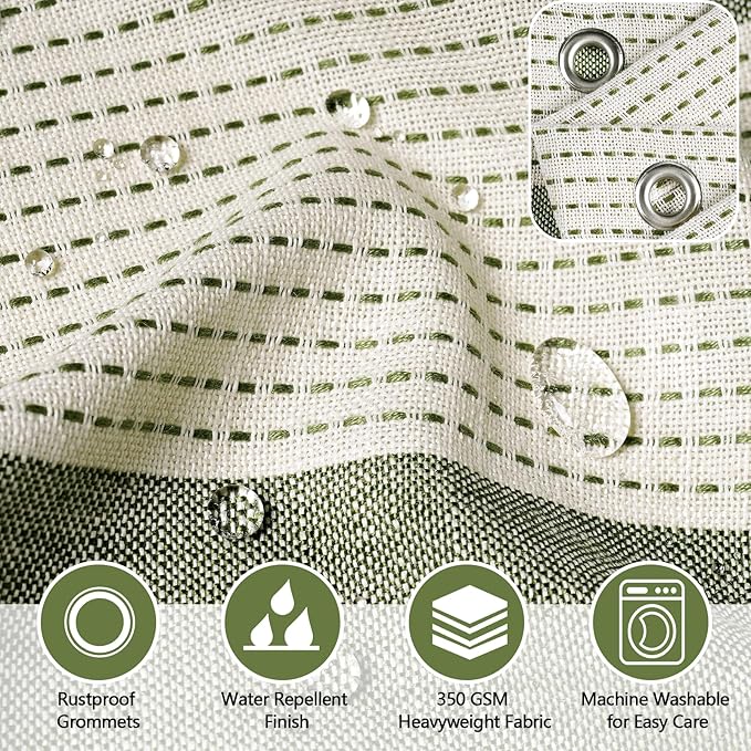 Boho Farmhouse Thick Shower Curtain with Tassels, 350GSM Cotton Linen Soft Fabric Shower Curtain Heavyweight, Sage Green Rustic Country Striped Bathroom Decor Curtain Water Repellent