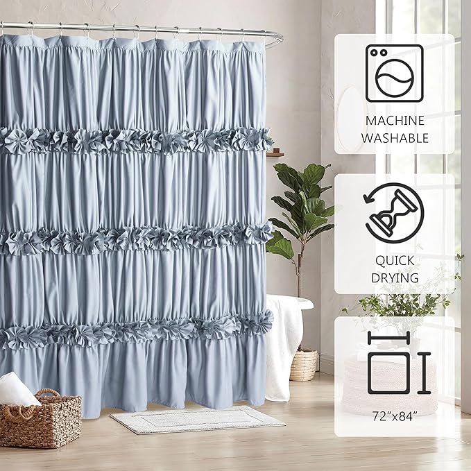 Fog Blue Ruffle Shower Curtain 72“ W x 84” H, Vintage Handcrafted Bow Tie Bath Curtain for Master Bathroom, Ruched Microfiber Bathroom Curtain with 12 Buttonholes (LQ-10)
