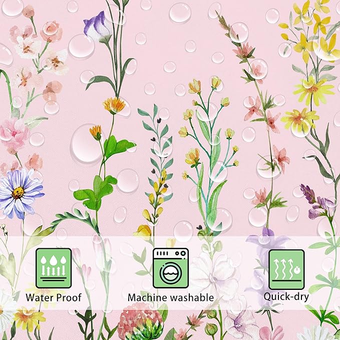 Pink Floral Flower Shower Curtain Pretty Wildflower Bathroom Shower Curtain Set Boho Cute Shower Curtains Cloth Fabric Shower Curtain