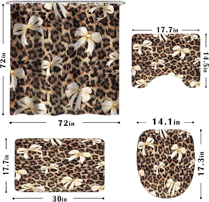 LIGHTINHOME 4 PCS Beige Bow Leopard Print Shower Curtain Set 72Wx72H,Toilet Lid Cover,Non-Slip Rugs and U-Shaped Mat,Vintage Chic Bathroom Sets with Rugs Shower Accessories 12 Hooks for Bathroom Decor