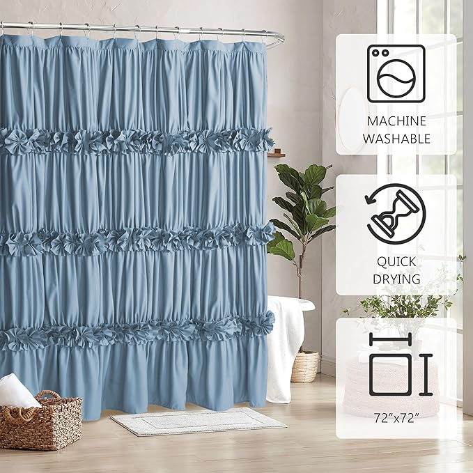 Dusty Blue Ruffle Shower Curtain, Vintage Handcrafted Bow Tie Bath Curtain for Master Bathroom, Ruched Microfiber Bathroom Curtain with 12 Buttonholes, 72" W x 72" H (LQ-10)