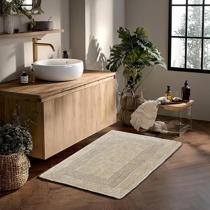 COTTON CRAFT Luxurious Bathmat Rug - Set of 2 Reversible Heavyweight Large Step Out Bath Mats for Bathroom Floor, Tub and Shower - Pure Cotton Soft Plush Absorbent Tufted Racetrack Mat - 20x30 - Linen