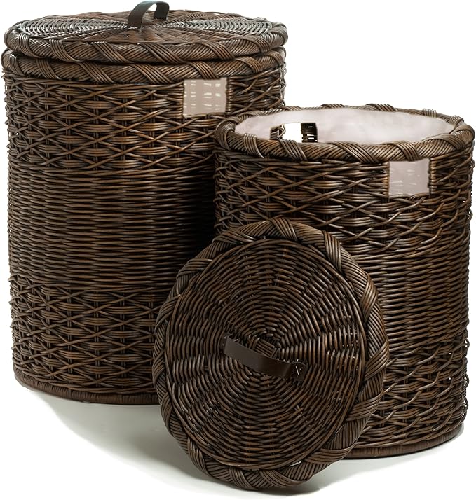 The Basket Lady Round Wicker Laundry Hamper, Large, 19 in Dia x 25 in H, Antique Walnut Brown