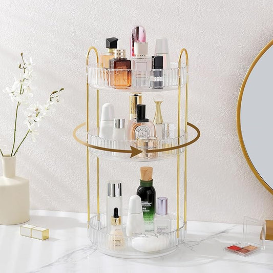Aveniee Rotating Makeup Organizer – Clear Spinning Perfume & Skincare Cosmetic Storage, Three-tier Large Make Up Holder for Vanity, Bathroom Countertop or Dresser, White