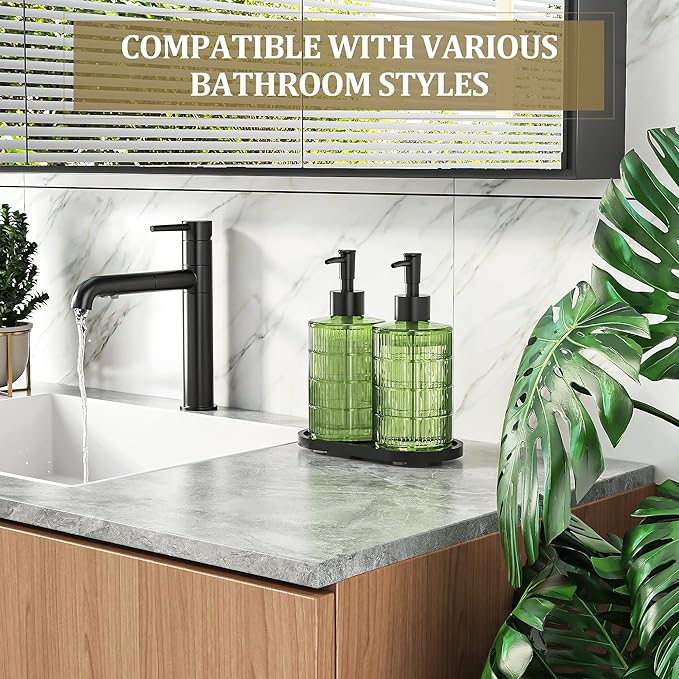 MASADI Soap Dispenser Set with Bamboo Tray, Dish and Hand Soap Lotion Dispenser Set with Wooden Pump for Kitchen and Bathroom Decor for Counter, Modern Vintage Liquid Soap Dispensers (Green&Black)