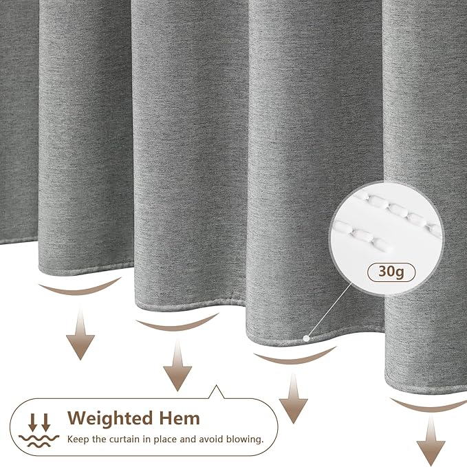 Linen Look Country Rustic Fabric Shower Curtain Grey, Heavy Duty Faux Linen Textured Shower Curtain Water-Resistant, 72 x 72 Inch Natural Gray Hotel Bathroom Shower Curtains Machine Washable