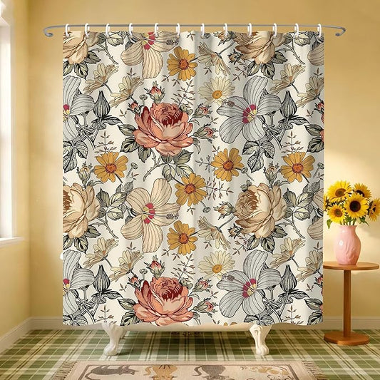 Vintage Watercolor Floral Shower Curtain for Bathroom,Boho Botanical Wildflower Shower Curtains,Funny Waterproof Polyester Cottagecore and Farmhouse Bathroom Decor,72x72 Inch