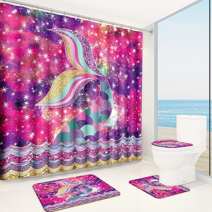 Poedist 4 Pcs Bathroom Shower Curtain Set,Kid's Bathroom Set,Mermaid's Tail Shower Curtain Sets with Rugs(Bath Mat,U Shape and Toilet Lid Cover Mat) and 12 Hooks