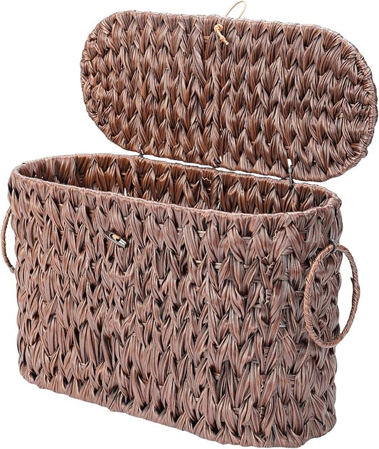 Coeusy Toilet Paper Basket with Lid, Water Hyacinth Wicker Basket for Bathroom Organizers and Storage, Holds Up to 6 Mega Rolls, Decorative Hand-Woven Rattan Bathroom Decor Accessories, Brown