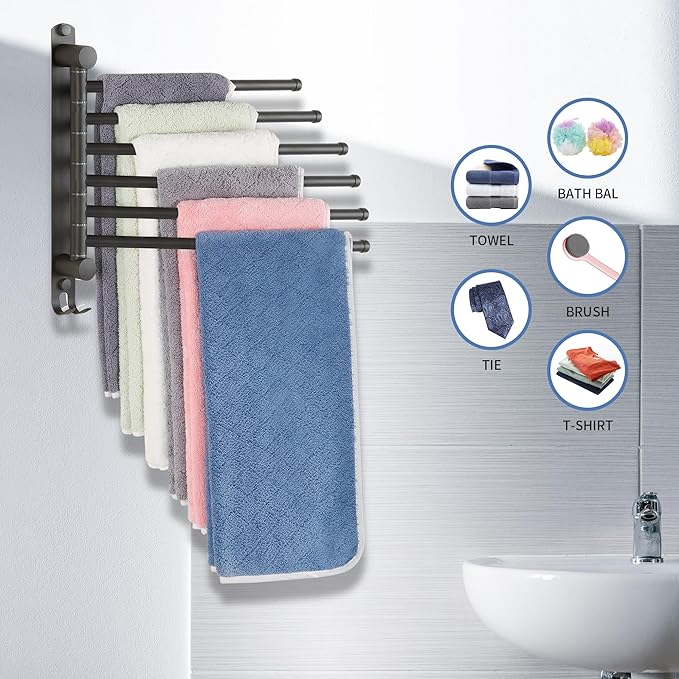Swivel Towel Rack, 12.6 Inch Towel Bar with Wall Mounted 180° Rotation, 6 Arms Towel Hanger SUS 304 Stainless Steel, Space Saving for Kitchen, Bathroom, Outdoor, Dark Grey