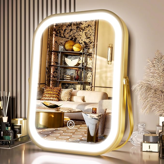 PRIMETEK Travel Makeup Mirror with Lights, Portable Small Beauty LED Vanity Mirror with Lights, 1200mAh Battery, Dimmable Touch Screen, Tabletop Folding Compact Mirror,Women Gift