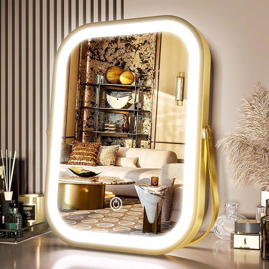 PRIMETEK Travel Makeup Mirror with Lights, Portable Small Beauty LED Vanity Mirror with Lights, 1200mAh Battery, Dimmable Touch Screen, Tabletop Folding Compact Mirror,Women Gift