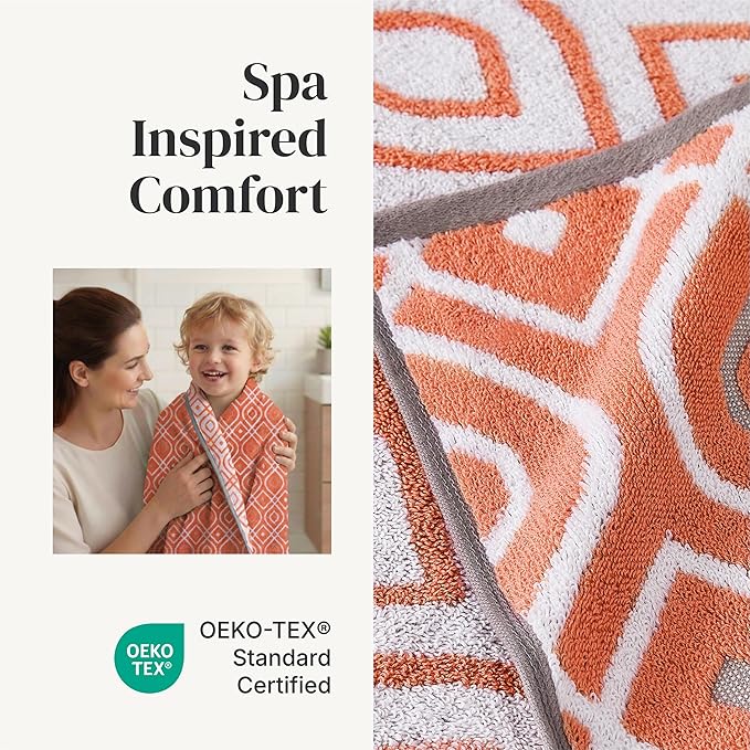 Modern Threads Classic Diamond 6-Piece 100% Cotton Towel Set – Yarn Dyed Jacquard – Includes 2 Bath Towels, 2 Hand Towels, 2 Washcloths – Absorbent, Quick Dry, Soft & Durable – Rust Orange