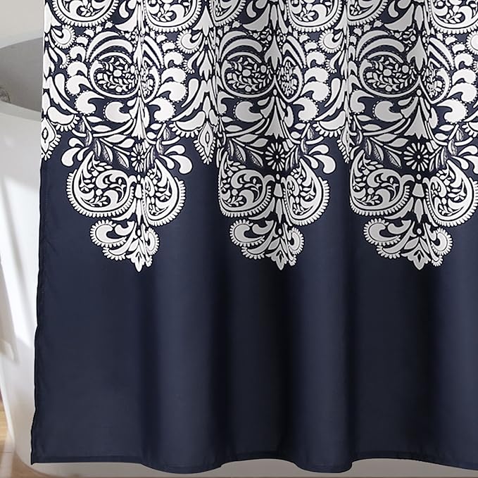 Lush Decor Boho Medallion Shower Curtain - Fabric Bohemian Damask Print Design with Tassels, 72" x 72", Navy