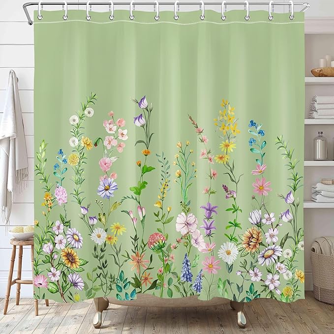 Green Floral Pretty Shower Curtain Flower Wildflower Bathroom Shower Curtain Set Boho Cute Shower Curtains Cloth Fabric Shower Curtain