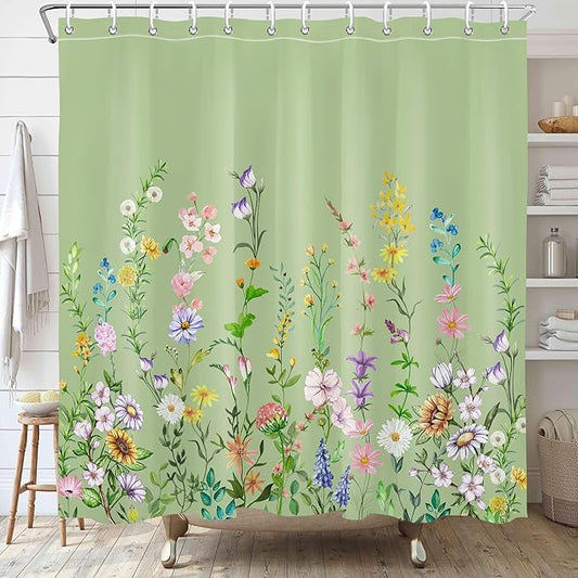 Green Floral Pretty Shower Curtain Flower Wildflower Bathroom Shower Curtain Set Boho Cute Shower Curtains Cloth Fabric Shower Curtain