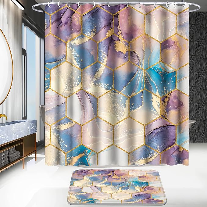 Poedist Shower Curtain Set with Rugs,Bathroom Accessory Set, Including Non-Slip Rugs,Toilet Lid Cover and Bath Mat, Waterproof Shower Curtain with 12 Hooks,Ink Quicksand-Yellow