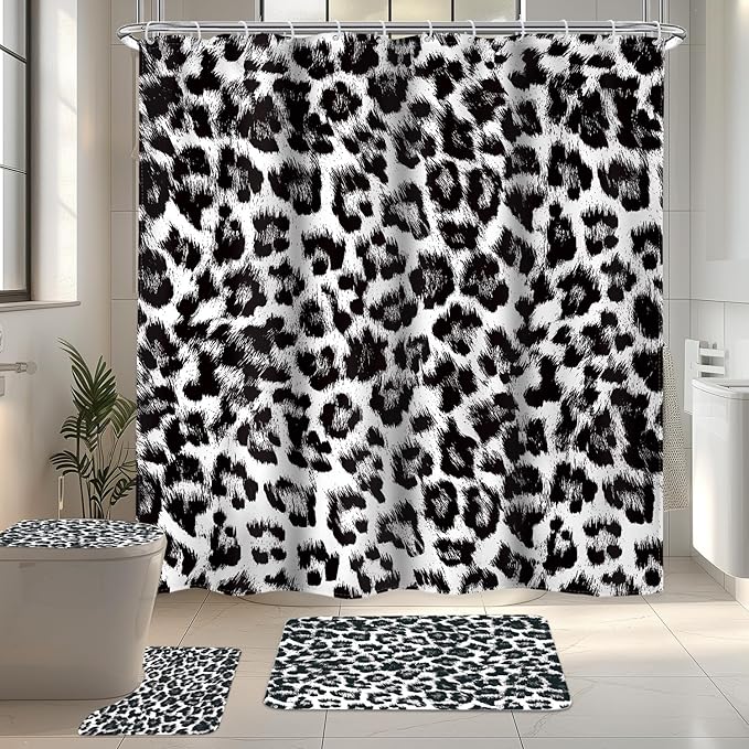 LIGHTINHOME 4 PCS Black Leopard Print Shower Curtain Set 72Wx72H,Toilet Lid Cover,Non-Slip Rugs and U-Shaped Mat,Wild Cheetah Bathroom Sets with Rugs Shower Accessories 12 Hooks for Bathroom Decor