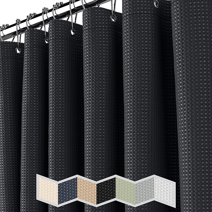 NEATERIZE Black Shower Curtain for Bathroom - Waffle Shower Curtain Hotel Style - 72x72 Inch Bathroom Curtain - Cortinas De Baño