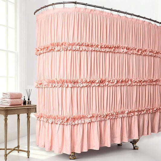 Extra Wide Shower Curtain 108" W x 72" L, Vintage Handcrafted Bow Tie Bath Curtain for Bathroom and Clawfoot Tub, Victorian Ruffle Bathroom Curtain with 18 Buttonholes, Peach (LQ-10)
