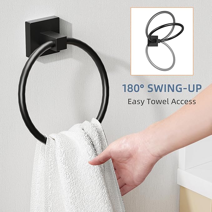 RUACQ Towel Ring, Square Base Hand Towel Holder, Stainless Steel Hand Towel Hanger Wall Mounted, Modern Hand Towel Holder for Bathroom, Heavy Duty (Matte Black)