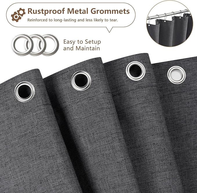 Rustic Country Linen Look Shower Curtain Charcoal Grey Extra Long 72 x 78 Inch, Heavyweight Faux Linen Fabric Shower Curtain Water-Resistant, Dark Gray Hotel Bathroom Curtain Washable