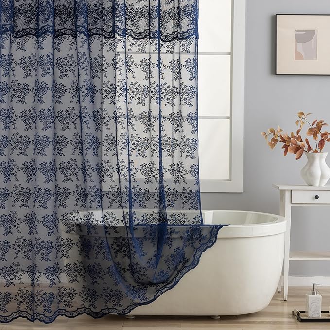 YJ YANJUN Navy Blue Shower Curtain with Attached Valance Vintage Floral Lace Shower Curtain for Bathroom Boho Feminine Scallop Edge Bathroom Curtains 1 Panel, 72 x 72 Inch Navy