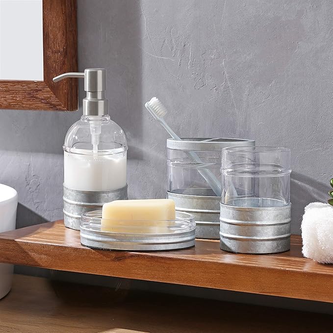4PCs Heavy Weight Decent Blue Glass Bathroom Accessories Set with Decorative Pressed Pattern - Includes Hand Soap Dispenser & Tumbler & Soap Dish & Toothbrush Holder (Metal)